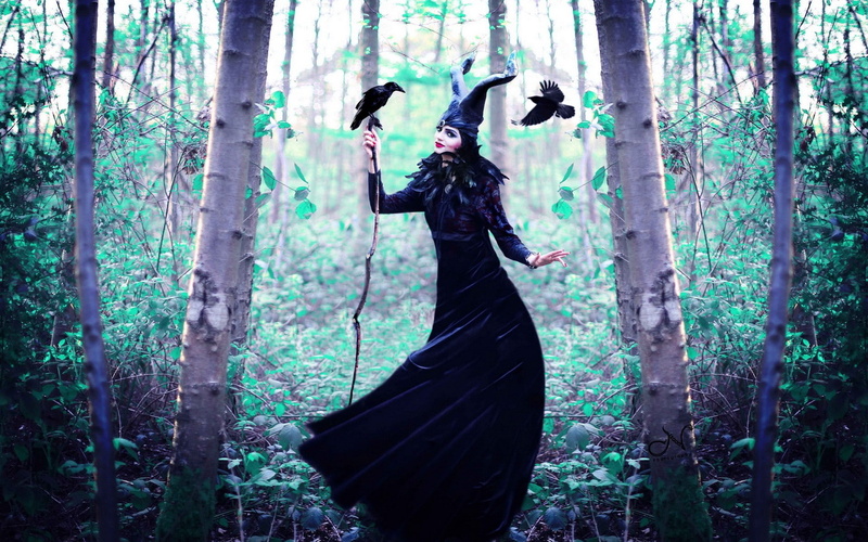 Maleficent, tree, cosplay, 1080P, trunk, women, dress, standing, real people, young adult, woodland, outdoors, one person, spooky, plant, forest, witch