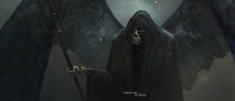 burning eyes, Sawan, Reaper, art, in the hood, skull, black wings, Max Duran, 1080P, death