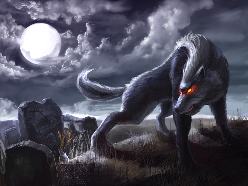 Wolf, 1080P, tombstones, the moon, burning eyes, web, night