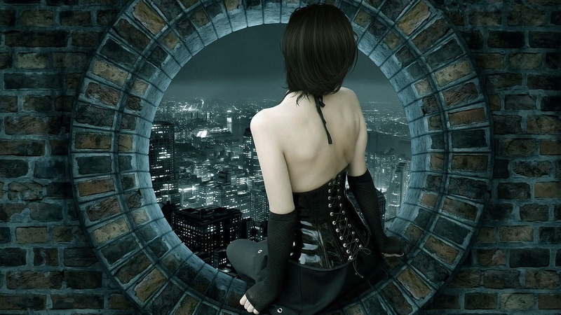 night, corset, artwork, women, window, gloves, skirt, long hair, cityscape, rear view, bricks, brunette, sitting, digital art, lights, 1080P