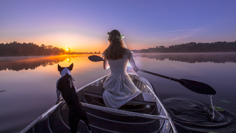 dog, lake, nature, tranquility, rear view, long hair, sunset, water, people, women outdoors, nautical vessel, adult, model, reflection, 2K, beauty, trees