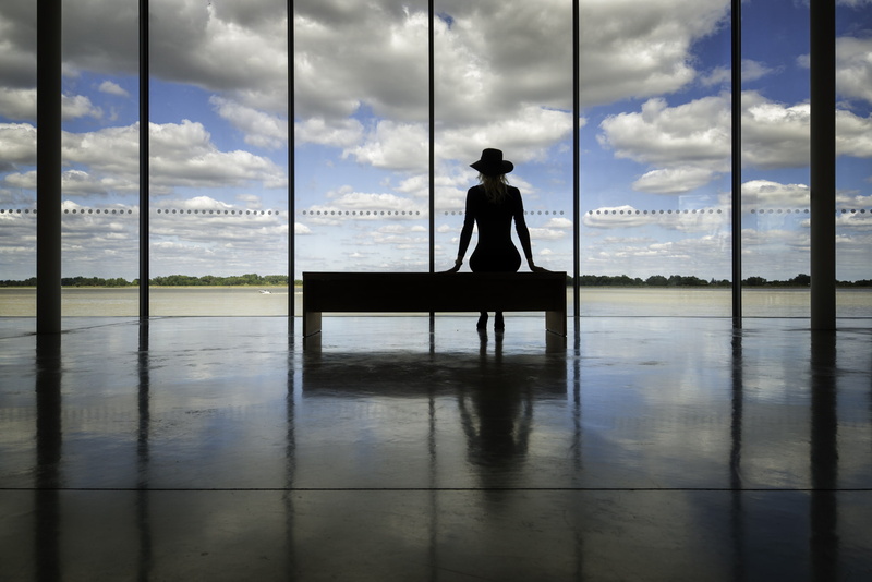 Donau, bench, rear view, landscape, hat, Ondrej Medveď, clouds, long hair, women, Slovakia, galleries, reflection, indoors, river, 1080P, sitting, black dress