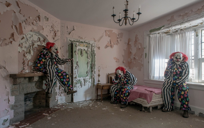 ceiling, no people, 720P, home interior, day, clowns, costumes, damaged, abandoned, jester, window, absence, empty, indoors, horror, curtain, three, furniture