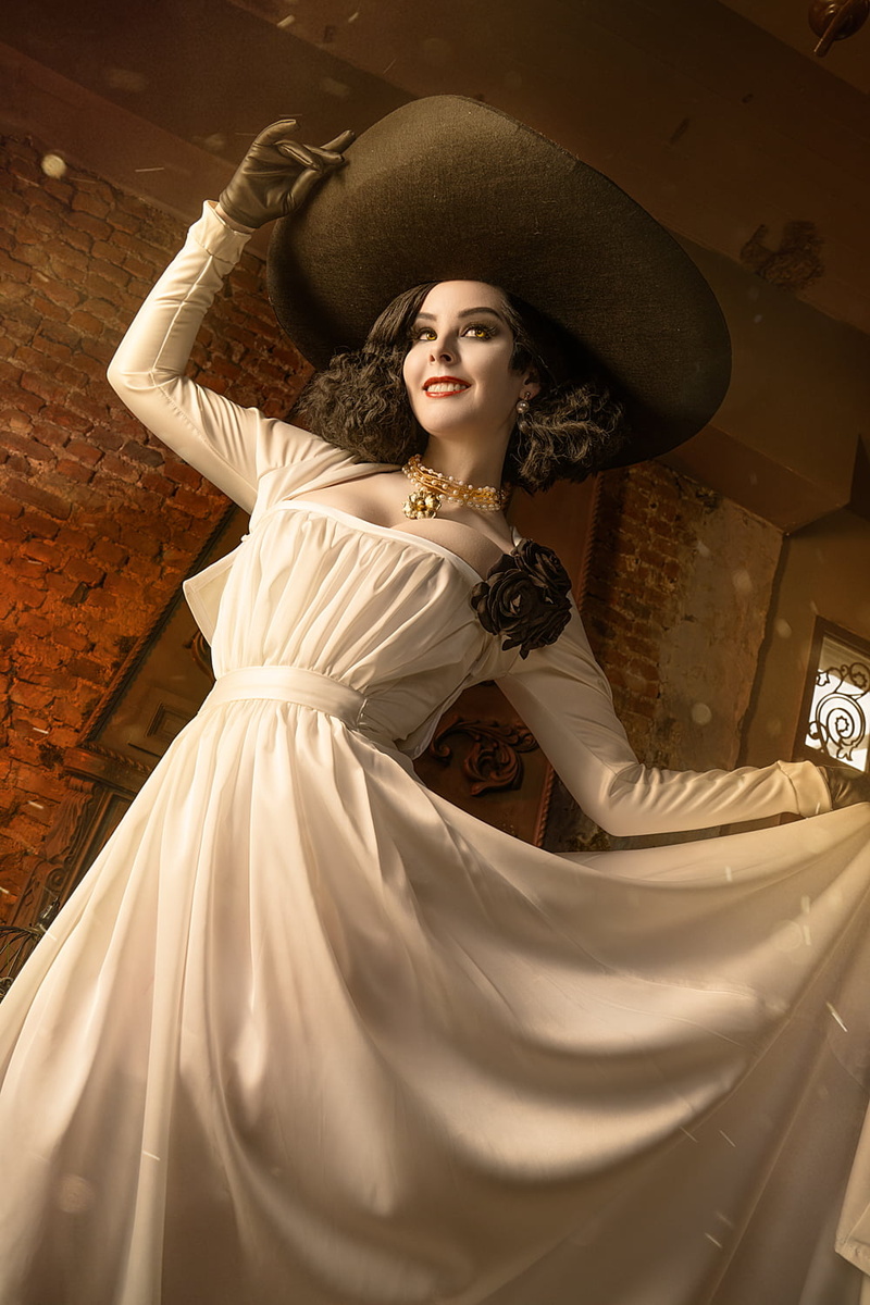 cleavage, Resident Evil, lady dimitrescu, Resident Evil 8: Village, portrait display, dress, white dress, smiling, smile, model, 720P, yellow eyes, video game girls