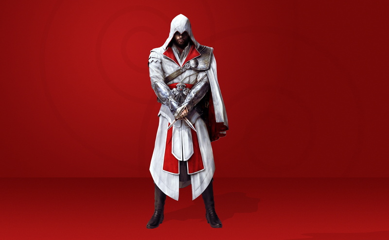 s, red background, men, adult, Assassins Creed, red, ezio, one person, assassins creed brotherhood, assassins creed 2010, colored background, studio shot