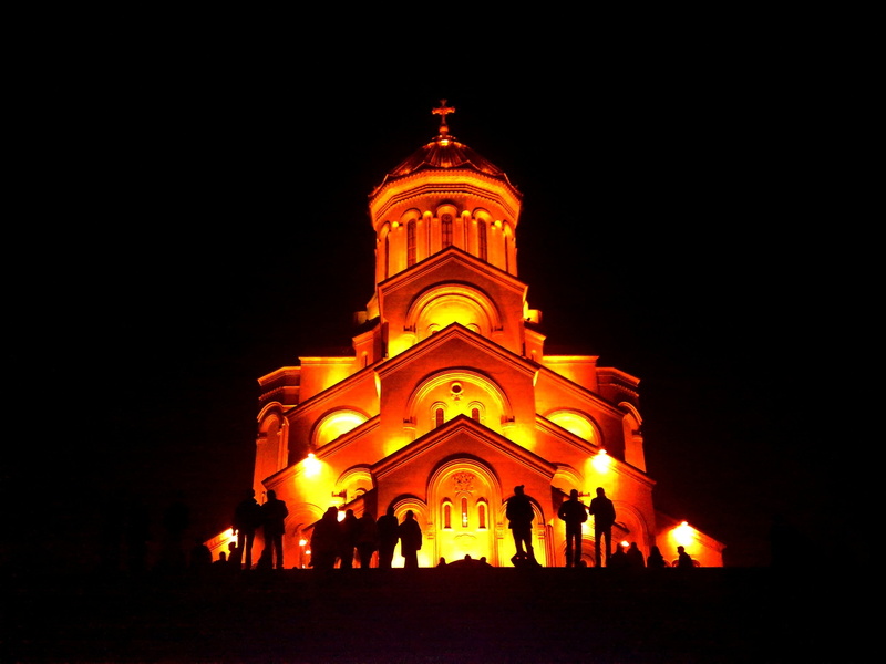 spirituality, copy space, holy, blue, ancient, view, building, travel, the past, monastery, caucasus, illuminated, place of worship, night, sky, built structure