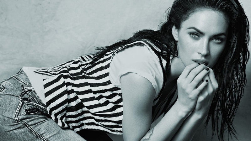 lifestyles, furniture, contemplation, casual clothing, pinstripe, s, young women, one person, women, shirt, indoors, monochrome, beauty, white, Megan Fox