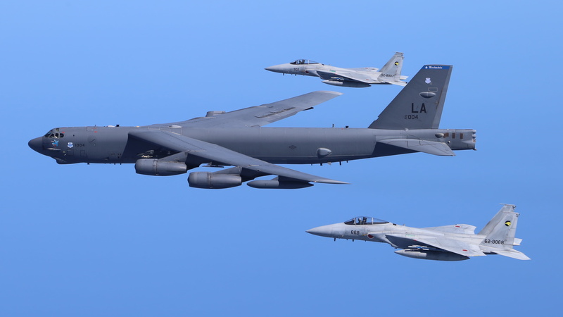 numbers, Japan Air Self-Defense Force, aircraft, sky, military, Bomber, US Air Force, Boeing B-52 Stratofortress, McDonnell Douglas F-15 Eagle, jet fighter
