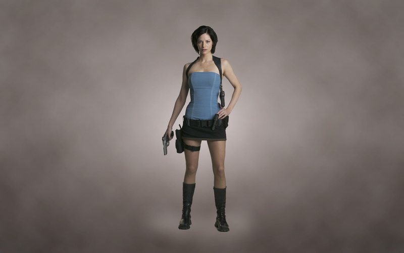 indoors, Jill Valentine, women, one person, real people, gun, looking at camera, beautiful woman, shorts, adult, 1080P, dark background, Resident Evil Apocalypse