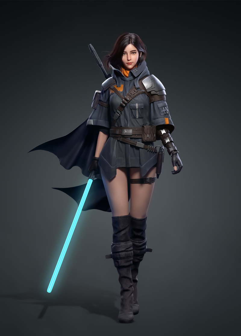 Jedi, Star Wars, simple background, women, brunette, CGI, weapon, cape, thigh strap, Cifangyi, walking, 4K, lightsaber, boots