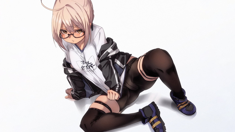 Artoria Pendragon, spread legs, thigh-highs, zettai ryouiki, anime, short shorts, Mysterious Heroine X Alter (Fate/Grand Order), meganekko, anime girls