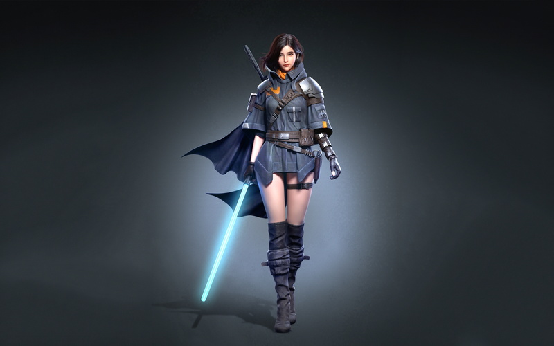 Jedi, lightsaber, brunette, Star Wars, CGI, Cifangyi, women, cape, simple background, thigh strap, boots, walking, weapon, 5K