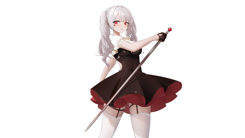sword, digital art, simple background, thigh-highs, stockings, long hair, anime girls, Yuuraku Yuraku, garter straps, original characters, red eyes, dress