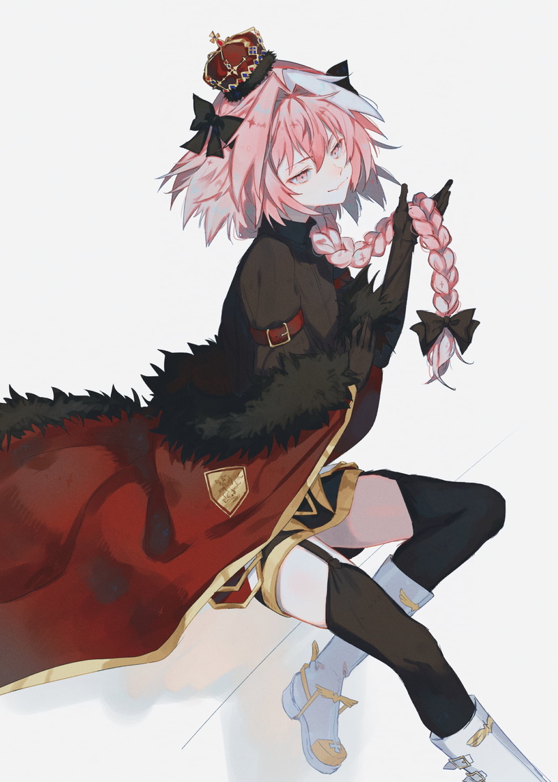 french braid, black dress, FGO, simple background, thighs, fan art, touching hair, white hair, black ribbons, Astolfo (Fate/Apocrypha), Fate/Apocrypha