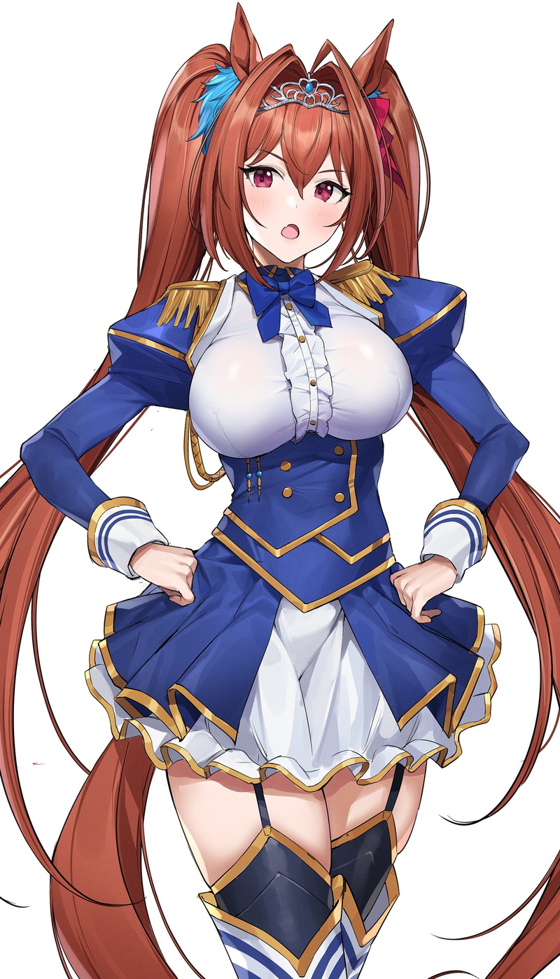 Frill dress, tiaras, 2K, big boobs, hair ornament, curvy, tail, purple eyes, open mouth, long sleeves, hands on hips, red ribbon, garter straps, animal ears