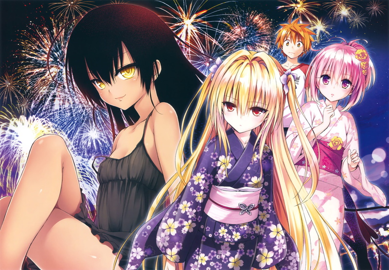 Fireworks, Smile, Nemesis (To LOVE-Ru), Sitting, Momo Velia Deviluke, Rito Yuuki, Kimono, Anime, Blush, Golden Darkness, Girl, To Love-Ru: Darkness, 1080P