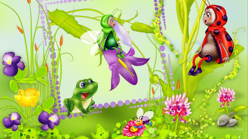world, whimsical, cute, fantasy, 1080P, bugs, grass, 3d and abstract, flowers, spring, summer, frog, ladybug