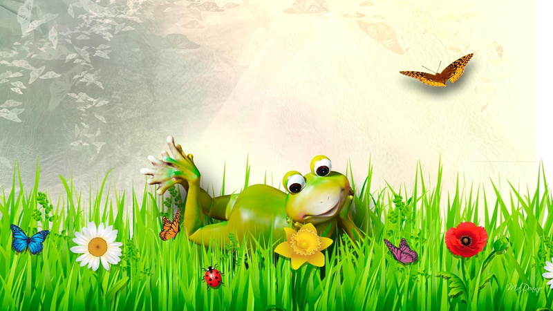 frog, papillon, whimsical, cute, lawn, butterflies, day, lady, summer, butterfly, froggy, poster, flowers, grass, fine, 1080P, spring, laying