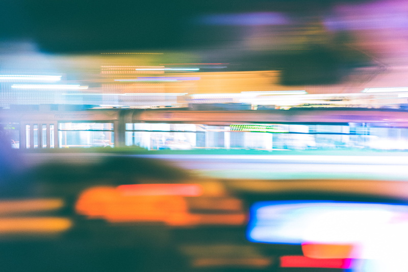 urban Scene, no people, colorful, close-up, rail transportation, motion, traffic, Tram, 4K, outdoors, defocused, land Vehicle, Night, street, crazy, train
