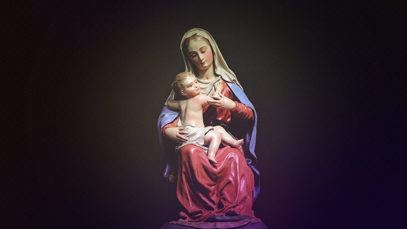 mother, indoors, maria, figurine, one person, beauty, black background, clothing, portrait, christ, young women, jesus, religion, studio shot, hair, glamour