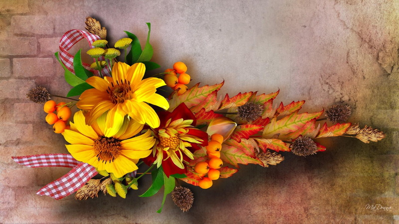 leaves, bows, thistles, 1080P, fleurs, bouquet, fall, ribbons, vintage, swag, seed pods, flowers, sunflower