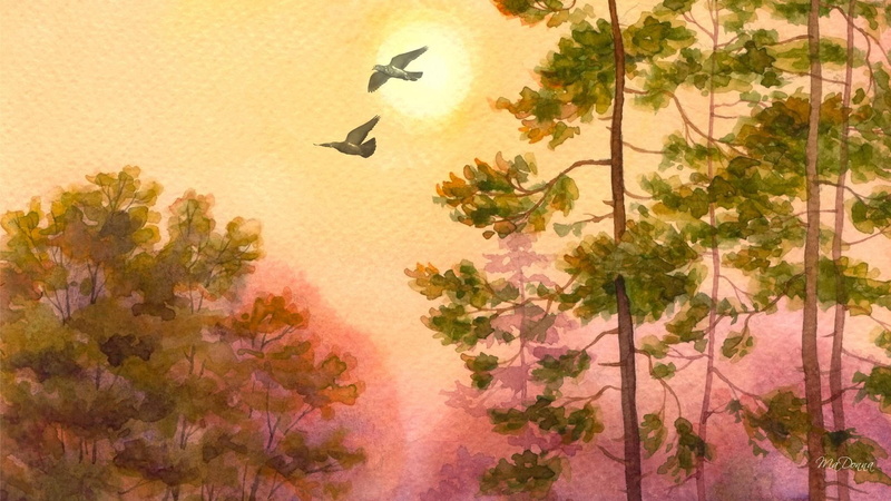 trees, flying, 1080P, leaves, fly south, pink, artistic, sky, watercolor, two, fall, gold, painting, mellow, birds, soft, forest, paint