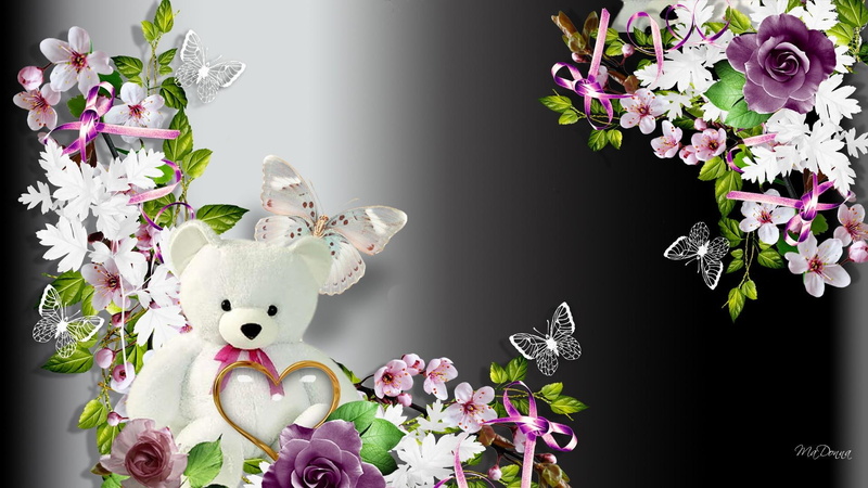 fleurs, blossom, ribbons, papillon, bouquet, blooms, 1080P, leaves, butterfly, bear, flowers, cute, butterflies, romantic
