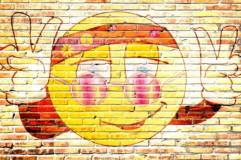 peace, wall - building feature, emoji, painted image, brick, yellow, creativity, street art, funny, mural, graffiti, close-up, paint, heppies, art and craft