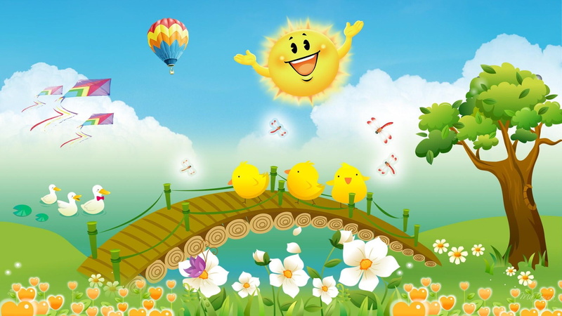 dragonflies, lake, whimiscal, bridge, trees, kites, sunshine, cute, balloon, fun, 1080P, field, flowers, summer