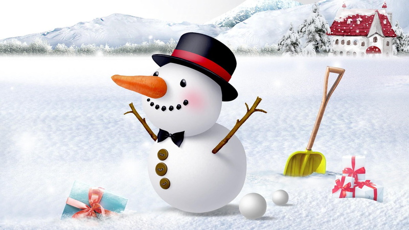 happy, ze, cold, snowman, warm snowballs, trees, 1080P, fun, gifts, church, mountains, frost, house, home