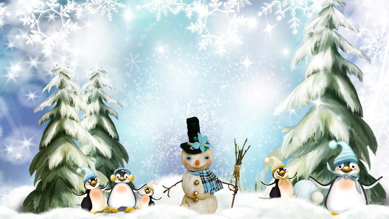 penguin, penguins, four, art, snowflakes, firefox persona, snowman, trees, winter, snow, snowmen, whimsical, cute, 1080P, fun