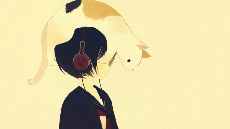 creativity, indoors, animal wildlife, vertebrate, wall - building feature, no people, short hair, one animal, cat, 1080P, anime, hanging, headphones, animal
