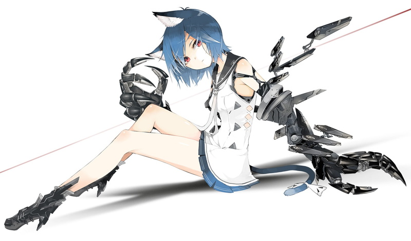 anime, young men, lifestyles, indoors, one person, gun, studio shot, nekomimi, tail, weapon, cat girl, animal ears, young adult, sword, holding, anime girls