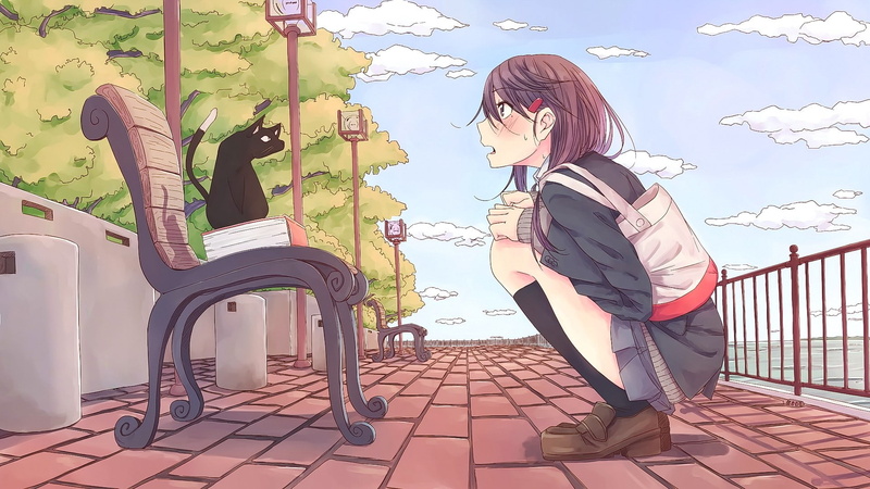 looking away, day, trees, short hair, seat, casual clothing, nature, brunette, full length, sky, young adult, school uniform, side view, water, cat, anime