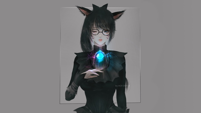 women with glasses, cat girl, face, women, heterochromia, black clothing, minimalism, simple background, gray background, artwork, digital art, juicy lips