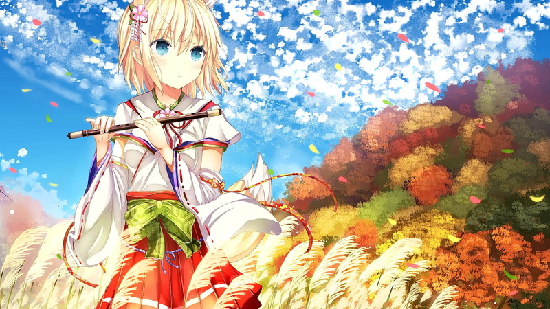original characters, blue eyes, blonde, clouds, 1080P, Japanese clothes, forest, cat girl, anime, sky, short hair, anime girls