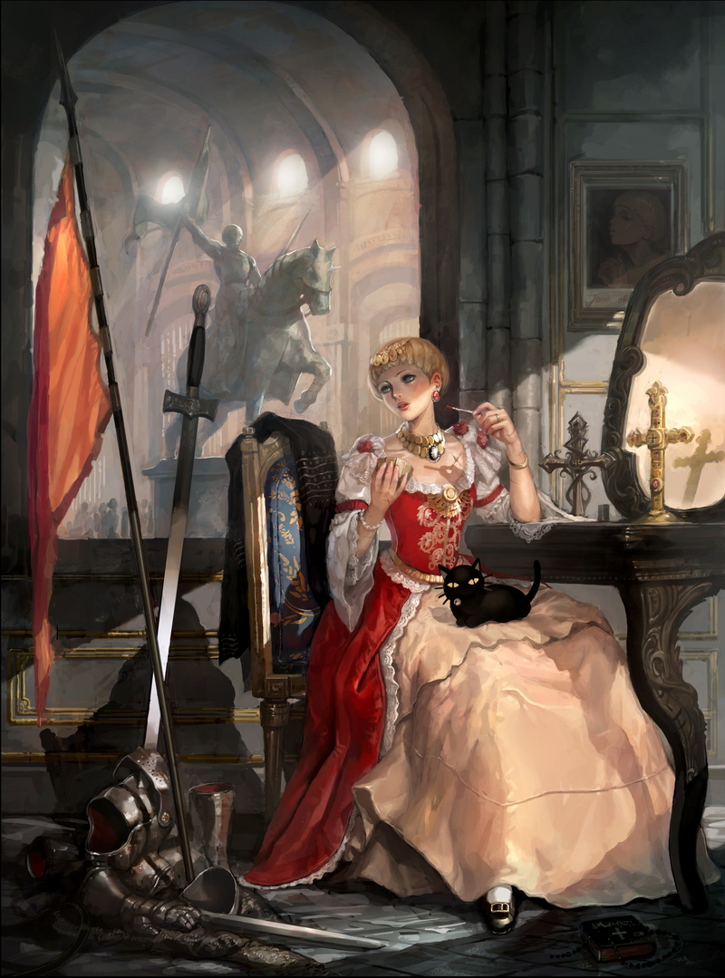 anime, 2K, weapon, armor, anime girls, short hair, dress, sword, cat, blonde