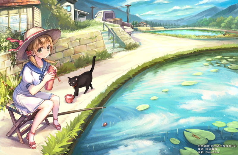 yellow eyes, clouds, cat, lifestyles, grass, one animal, drink, 1080P, canine, one person, sitting, anime girls, women, full length, hat, pets, mammal