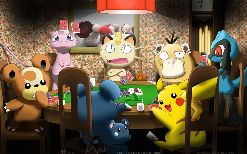 psyduck, Pikachu, teddiursa, poker, 2K, hd, pokemon, meowth, art, anime, mew