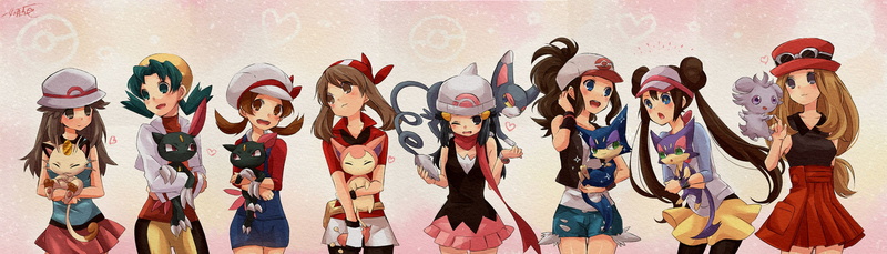 glameow, scarf, green, sneasel, pokemon, hat, purrloin, meowth, group, twintails, heart, kisaitu, 2K, brown, hair, skirt, skitty, espurr, blue, signed