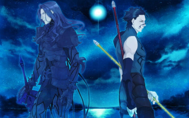 three quarter length, outdoors, young men, people, composite image, adult, digital composite, Saber, two people, anime boys, holding, blue, standing, nature