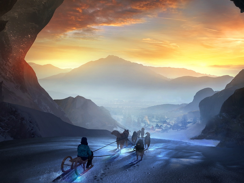 luminos, blue, Sunset, fantasy, caine, 1080P, dog, sledge, winter, yellow, iarna