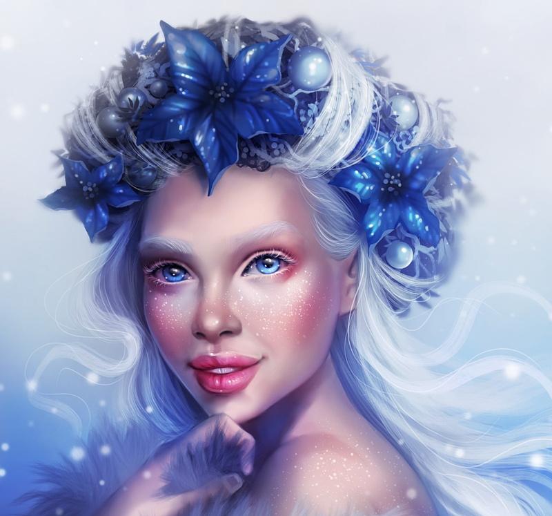 iarna, luminos, December beauty, art, flower, blue, portrait, white, face, sandra winther, beauty, girl, december, 720P, sandarmalie, winter, ice