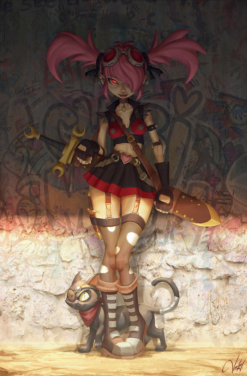 weapon, miniskirt, knees together, 1080P, anime, girls with swords, eyepatches, boots, glowing eyes, wall, animals, standing, redhead, Francisco Vasquez