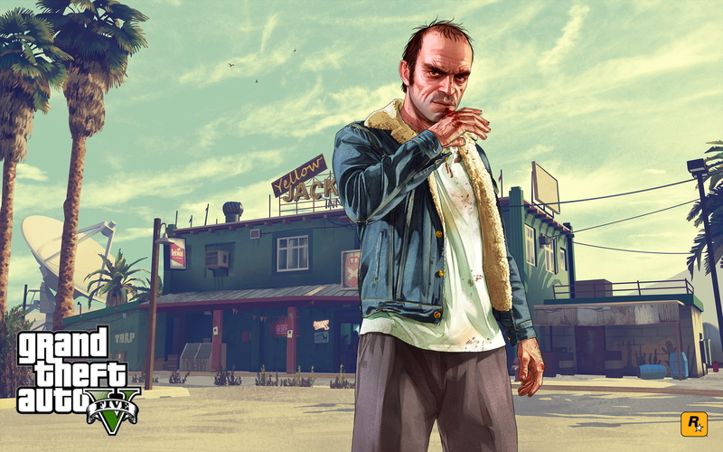 Grand Theft Auto V, plate, Trevor, art, gta, Rockstar Games, bar, 2K, palm trees, the building