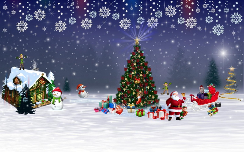 christmas, snowman, trees, snowflakes, elves, snow, gifts, santa, way, 720P