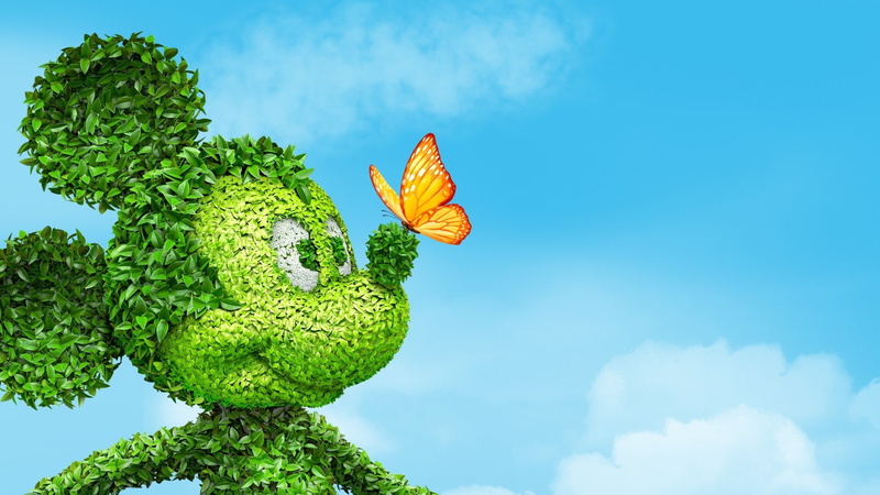 1080P, clouds, mouse, butterfly, the sky, nose, Mickey Mouse, ears, mickey, leaves, illustration, eyes, Bush