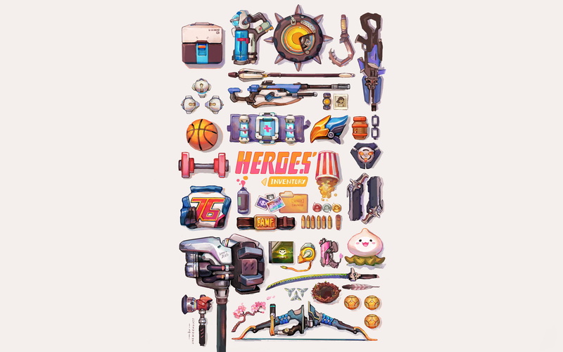 sword, hammer, onemegawatt, Overwatch, popcorn, 2K, artwork