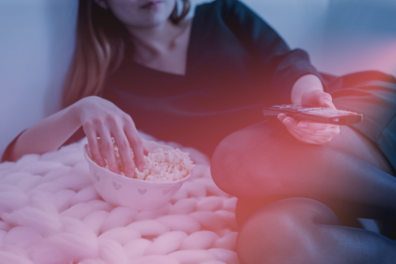 human hand, woman, midsection, young adult, healthy eating, tv, preparation, lifestyles, bowl, eats, food and drink, holding, indoors, human body part