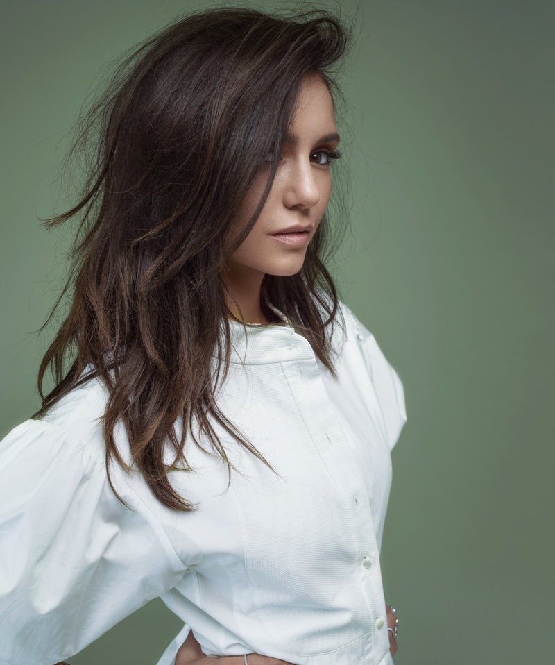 portrait, contemplation, Nina Dobrev, brown eyes, waist up, adult, long hair, front view, 4K, young women, casual clothing, brunette, beauty, studio shot